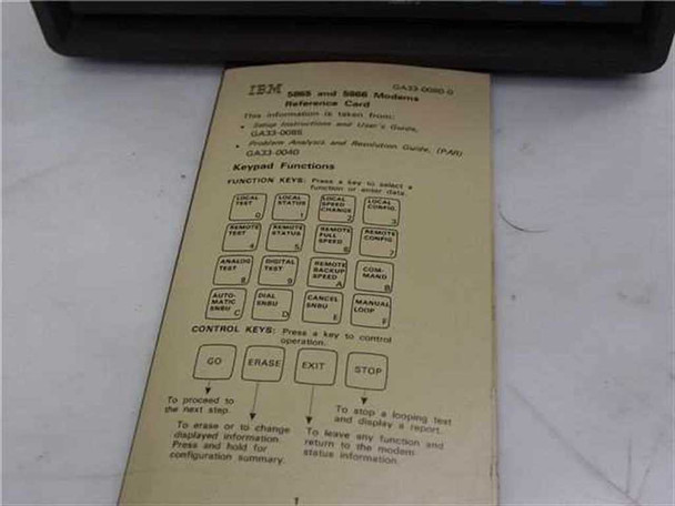 IBM 5865 and 5866 Modem Reference Card GA33-0080 showing keypad function key layout and control key descriptions