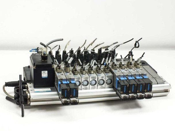 Festo IFB8-02 bus interface unit with full solenoid valve manifold assembly — angled front-left overview showing all valves and pneumatic fittings