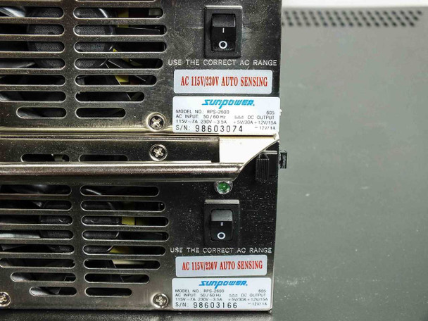 Close-up of dual Sunpower RPS-2600 AC 115V/230V auto-sensing power supply labels with serial numbers