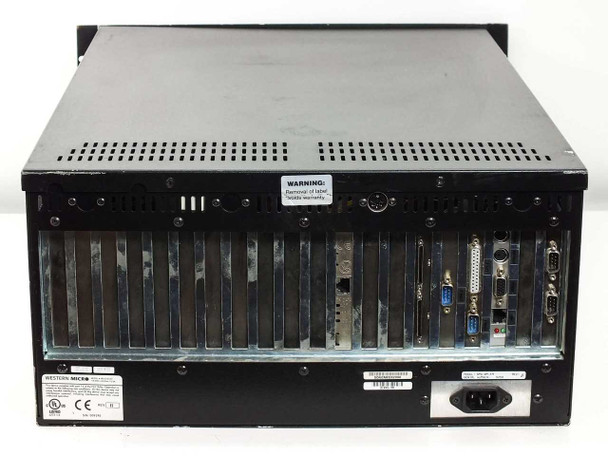 DiviCom NMS-RM-NM rear panel showing expansion card slots, I/O ports including parallel, VGA, serial, and IEC AC power inlet