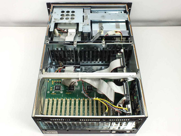 DiviCom NMS-RM-NM interior view with cover removed showing motherboard, expansion slots, ribbon cables, and chassis layout