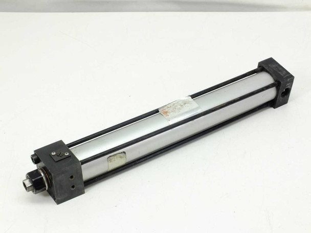 Norgren pneumatic cylinder 200mm stroke 15mm shaft – full side view showing chrome barrel and black end caps