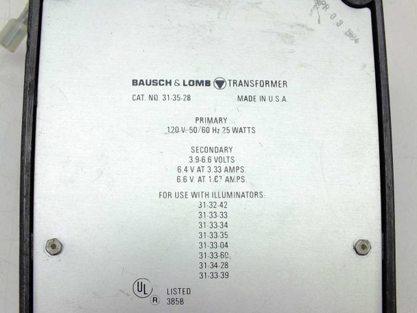 Bausch & Lomb 31-35-28 transformer rating plate — full label showing primary 120V 25W, secondary 3.9–6.6V outputs, compatible illuminator model numbers, and UL listing mark