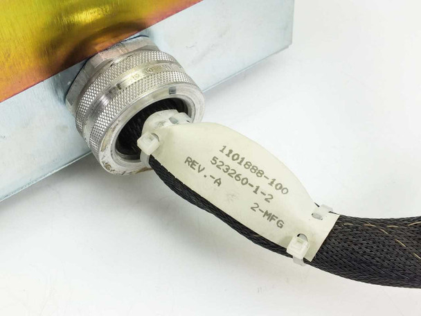 Cable harness tag showing part numbers 1101888-100, 523260-1-2, Rev.-A, 2-MFG with military circular connector
