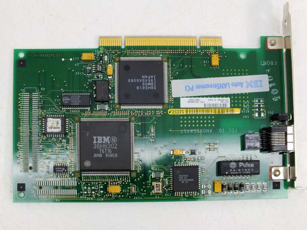 IBM Auto LANStreamer PCI Token Ring Card 04H8113 – top component view showing IBM 38H6302 main controller IC and TOSHIBA memory chip with front label
