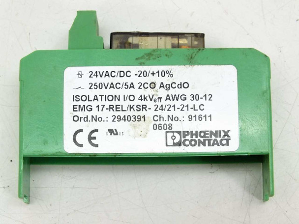 Phoenix Contact 2940391 relay module – label closeup showing 24VAC/DC input, 250VAC/5A output, isolation rating and order number