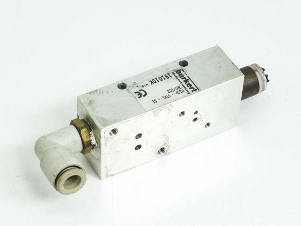 Burkert MICR-UTKL-SI 191010K solenoid valve – angled top view showing CE label and push-in fitting on left port