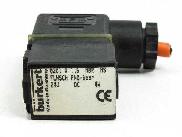 Burkert 0201 A Solenoid Valve – label detail showing 0201 A 1.6 NBR MS FLNSCH PN0-6bar 24V DC 4W CE markings