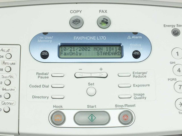 Canon FAXPHONE L170S control panel close-up showing LCD display reading FaxOnly Standard, Copy and Fax buttons, and Super G3 logo