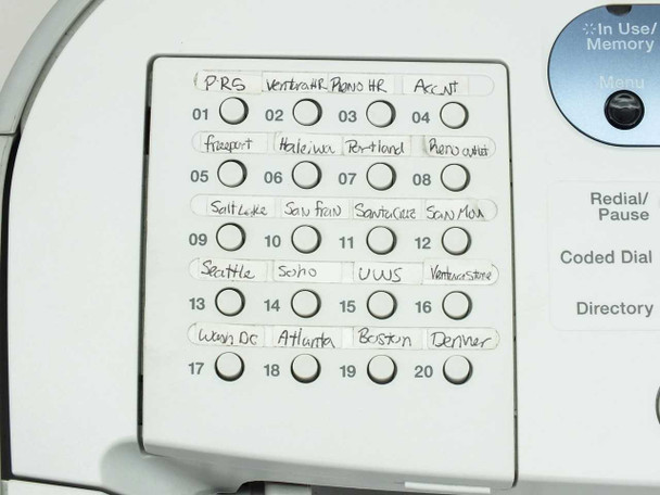 Canon FAXPHONE L170S speed dial panel showing one-touch buttons 01–20 with handwritten city location labels