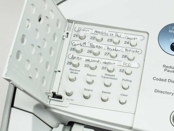Canon FAXPHONE L170S extended speed dial panel flipped open showing buttons 21–32 with handwritten labels and function keys