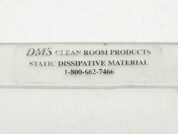 Close-up of DMS Clean Room Products label reading 'Static Dissipative Material' with phone number 1-800-662-7466