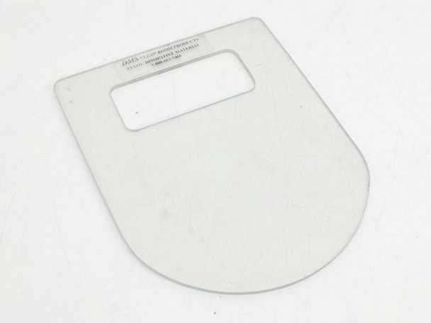 DMS Clean Room Products static dissipative clear microscope sneeze guard — front face view showing rectangular cutout and DMS label