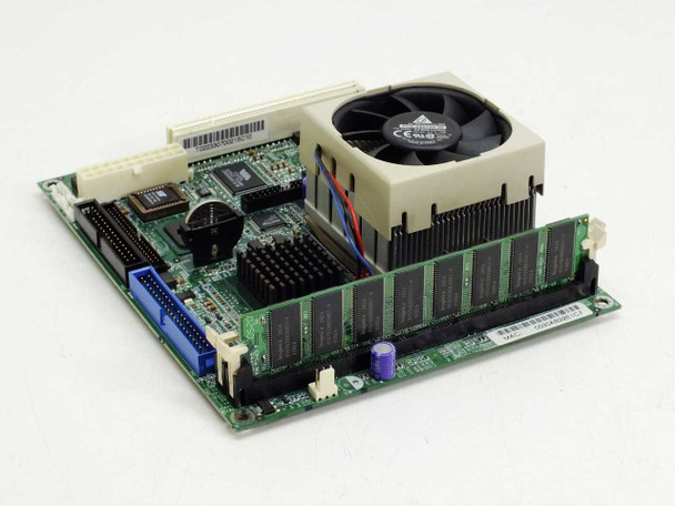DPF 2972508002 mini-ITX motherboard front view with 256MB RAM DIMM installed and PGA370 CPU heatsink fan assembly