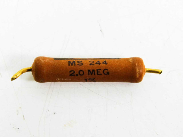 Caddock MS244 2.0 MEG Ohm 1% Power Film Resistor full view showing both axial leads and all label markings