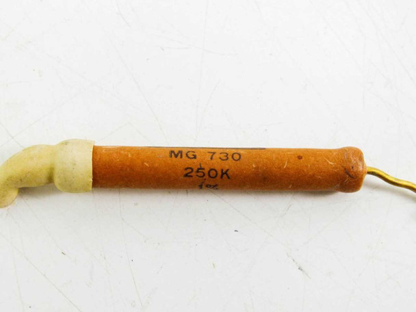 Caddock MG730 250K 1% resistor – close-up of printed body label showing model MG 730, 250K, and 1% tolerance