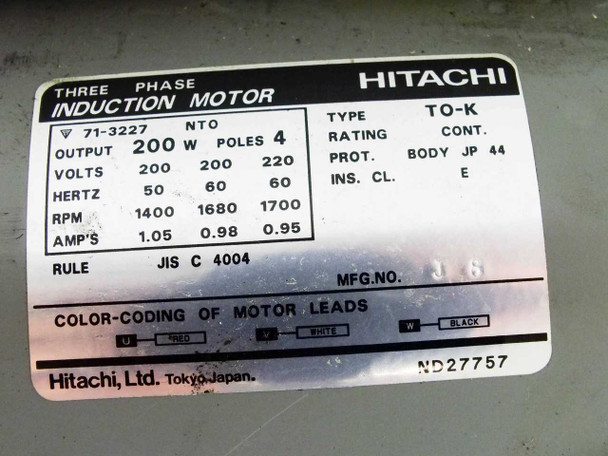Hitachi three-phase induction motor rating plate: 200W, 200-220V, 50-60Hz, 1400-1700 RPM, Type TO-K, JIS C 4004