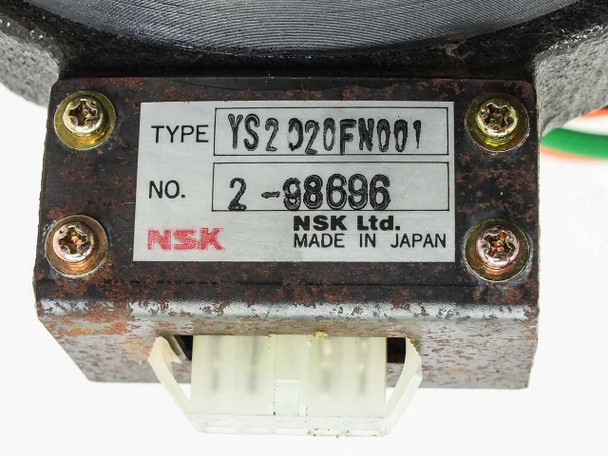 NSK YS2020FN001 motor label closeup showing TYPE YS2020FN001, NO. 2-98696, NSK Ltd Made in Japan