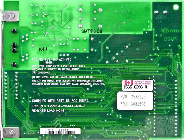 IBM ISA Modem 55H7996 – PCB reverse side showing FCC ID FVZ-MX-ACI-VFC, P/N 25H3329, FRU 30H1598, Industry Canada 1585 6396 A, SMT9509 date code