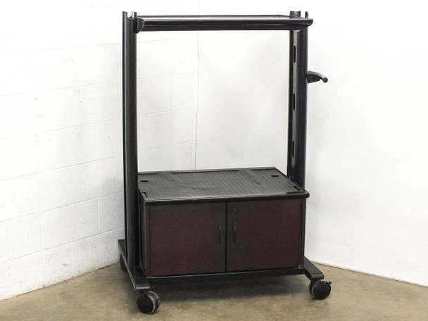Mobile AV cart with adjustable upper shelf and two-door storage cabinet — front left view