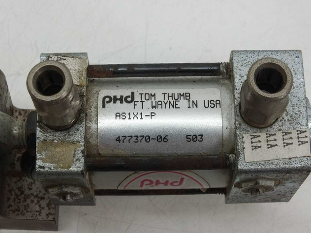 PHD Tom Thumb AS1X1-P cylinder body label showing model AS1X1-P, part number 477370-06, and Fort Wayne IN USA manufacture — close-up