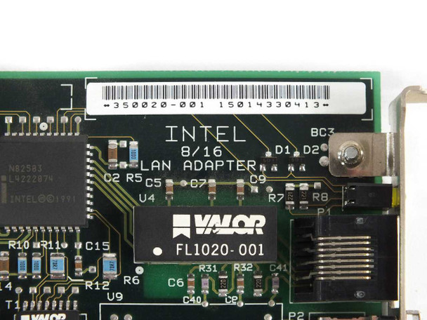 Intel 350020-001 EtherExpress ISA LAN adapter – close-up of board silkscreen reading 'INTEL 8/16 LAN ADAPTER', barcode label 350020-001, and Valor FL1020-001 chip