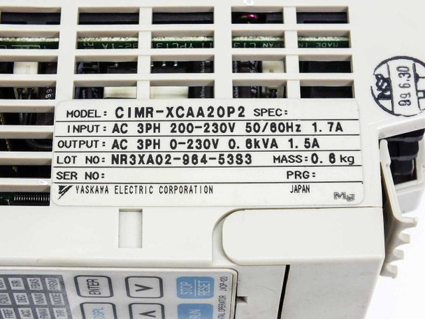 Yaskawa CIMR-XCAA20P2 rating plate label — model number, input AC 3PH 200-230V 50/60Hz 1.7A, output AC 3PH 0-230V 0.6kVA 1.5A, Lot No. NR3XA02-964-53S3, made in Japan