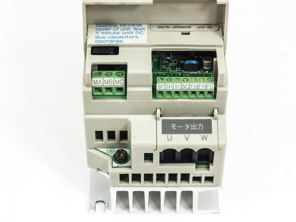 Yaskawa CIMR-XCAA20P2 — bottom view with terminal cover open showing control terminals SF SR S1 SC FS FR FC, relay terminals MA MB MC, and motor output terminals U V W