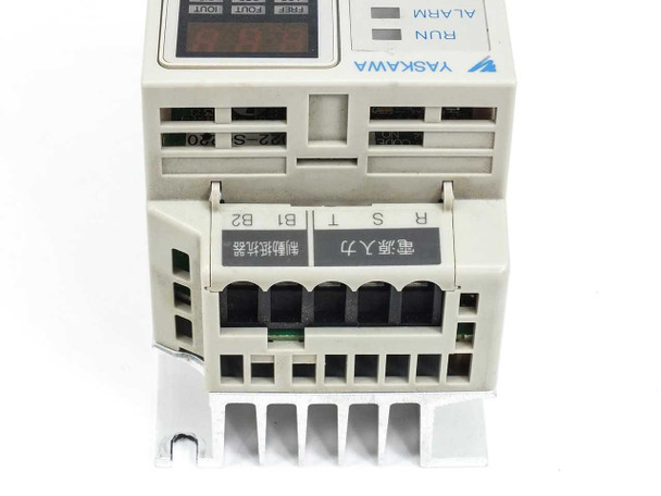 Yaskawa CIMR-XCAA20P2 — top view showing power input terminals R S T B1 B2 and DIN rail mounting base
