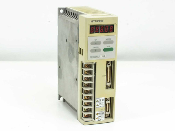 Mitsubishi MR-J10A MELSERVO-J AC Servo Drive — front-left 3/4 view showing LED display, UP/DOWN/MODE/SET buttons, screw terminal block, and CN1/CN2 D-sub connectors