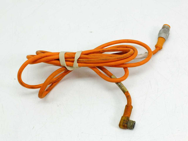 Lumberg RST3-RKMWV/LEDA3-90/2 orange double-ended cordset coiled with M12 straight connector and M8 90-degree connector visible