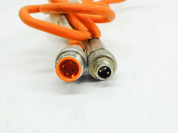 Lumberg cordset M12 3-pole male straight connector (left, orange) and M8 3-pole male straight connector (right) close-up view