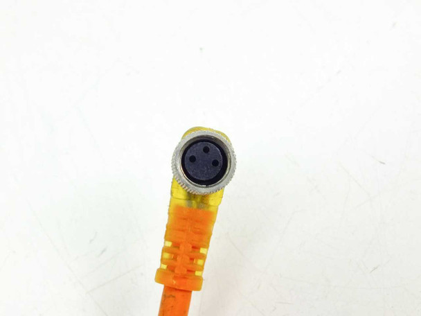 Close-up of M8 3-pole female 90-degree angled connector end on Lumberg RST3-RKMWV/LEDA3-90/1.5 cordset showing socket contacts