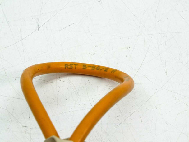 Lumberg RST 5-56/2 orange cordset cable loop close-up showing printed part number RST 5-56/2 on cable jacket
