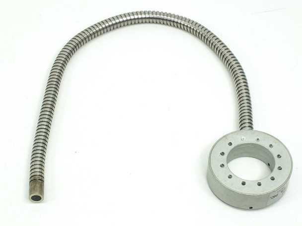 Fiberoptic Specialties 12-port fiber optic ring light guide — full assembly showing stainless steel armored flex cable and aluminum ring mount