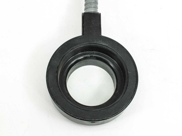 Volpi fiber optic ring light — angled close-up of objective ring mount showing depth and inner bore, cable attached at top