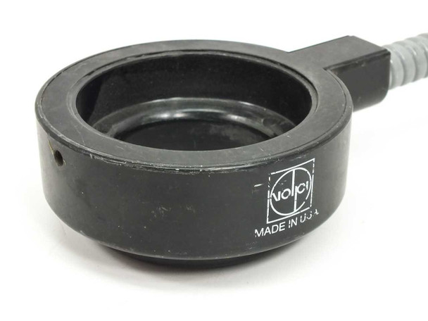 Volpi fiber optic ring light — side view of objective ring mount with Volpi logo and 'Made in U.S.A.' label visible on housing