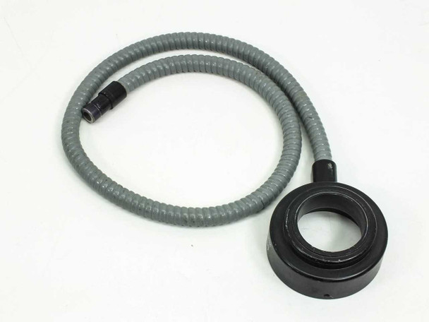 Volpi fiber optic microscope ring light cable — full view showing gray flex cable coiled with black 87mm objective ring mount