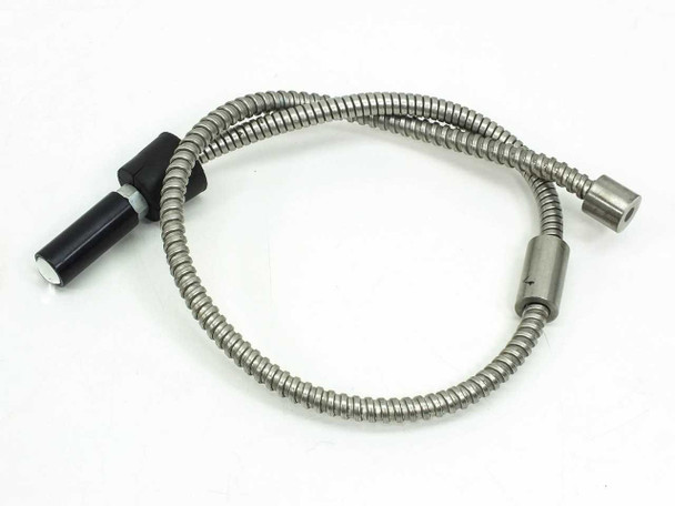 Fiber optic microscope light source flex cable 27 inches long with chrome armored sheath, black rubber input tip on left and threaded chrome output tip on right — full length view