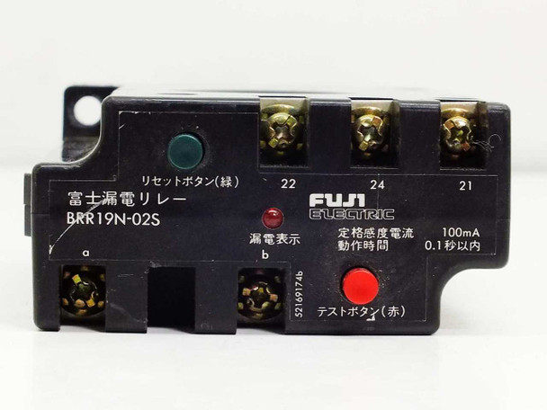 Fuji Electric BRR19N-02S rear terminal side showing green reset button, red leakage indicator LED, red test button, and screw terminals 21, 22, 24