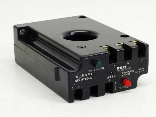 Fuji Electric BRR19N-02S angled view showing sensor aperture, terminal side with reset button, leakage indicator, test button, and terminal block