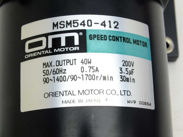 Oriental Motor MSM540-412 rating plate showing model number, 40W max output, 200V, 50/60Hz, 0.75A, 3.5µF, 90–1400/90–1700 r/min, 30min duty, Made in Japan