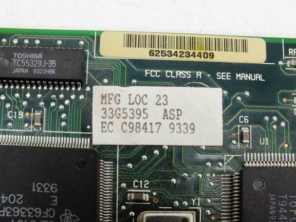 IBM 33G5395 adapter card – close-up of PCB label showing MFG LOC 23, part number 33G5395 ASP, EC C98417 9339, and Toshiba TC55329J-35 chip