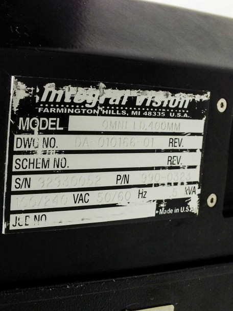 Integral Vision OMNI LD.400MM nameplate label (camera enclosure) — showing Model OMNI LD.400MM, DWG No. DA-010166-01, S/N 929B0052, P/N 990-0323, 100/240 VAC 50/60 Hz 5 kVA, Made in USA