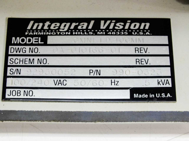 Integral Vision OMNI LD.400MM nameplate label (controller unit) — showing Model OMNI LD.400MM, DWG No. DA-010166-01, S/N 929B0052, P/N 990-0323, 100/240 VAC 50/60 Hz 5 kVA, Made in USA