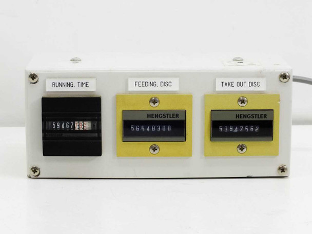 Hengstler 891321 counter panel front close-up showing 8-digit displays: Feeding Disc reads 56548300, Take Out Disc reads 53942562