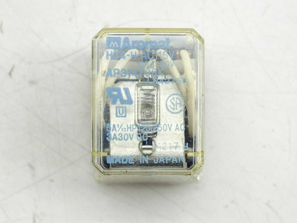 Aromat HC4-H-AC115V AP314798K relay top view showing label with model number, coil voltage, and Made in Japan marking
