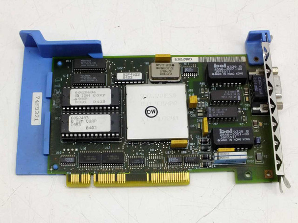 IBM 74F9321 Token Ring MCA card – alternate top view showing Bel-branded ICs, Toshiba memory chips, DW-marked main controller, and full card layout