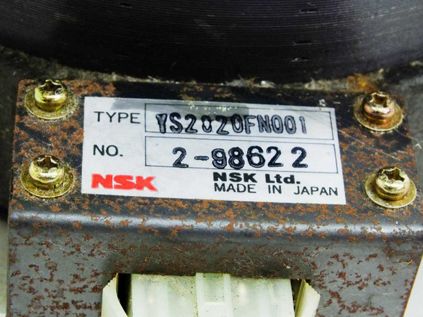 NSK YS2020FN001 motor label showing Type YS2020FN001, serial number 2-98622, NSK Ltd, Made in Japan