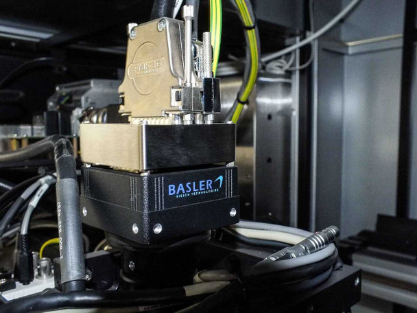 Camtek Falcon PD – Basler Vision Technologies A201b monochrome camera mounted on inspection head with DB-style connector cable